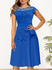 Lace Contrast Cap Sleeve A Line Dress With Belted