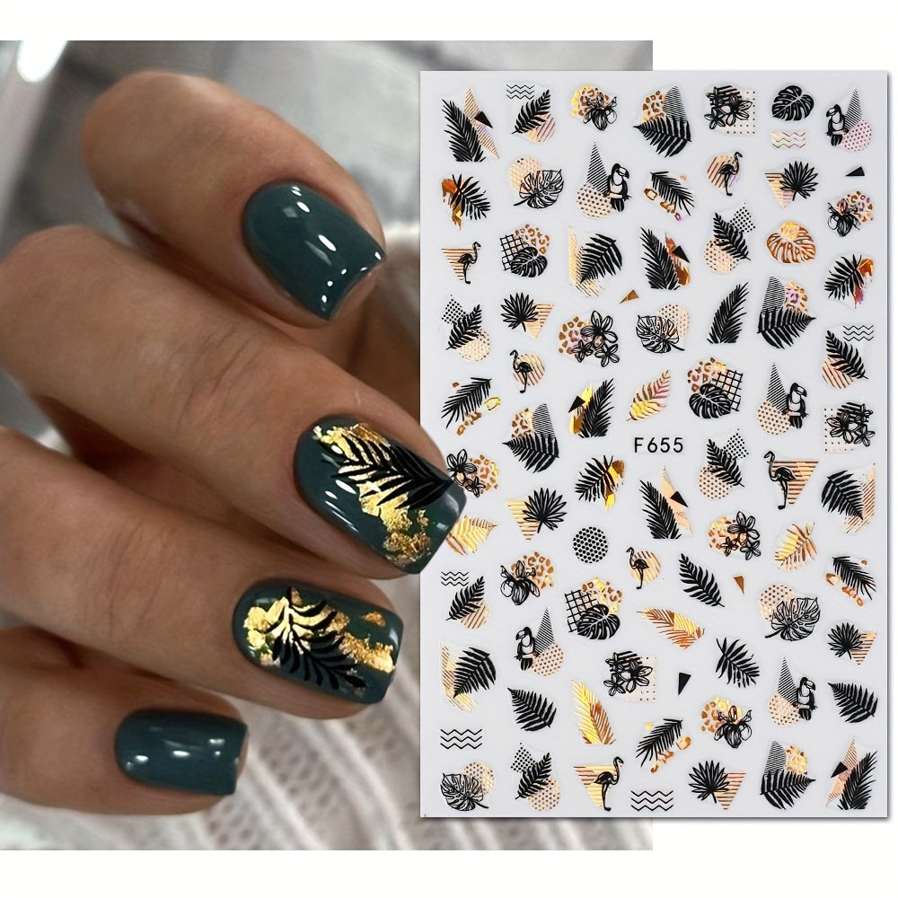 4 Sheets 3D Nail Art Stickers: Leaves/Flame Bird Adhesive Nail Decals
