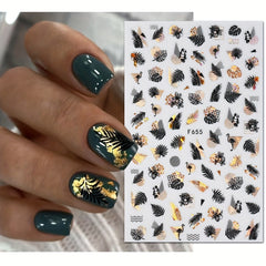 4 Sheets 3D Nail Art Stickers: Leaves/Flame Bird Adhesive Nail Decals