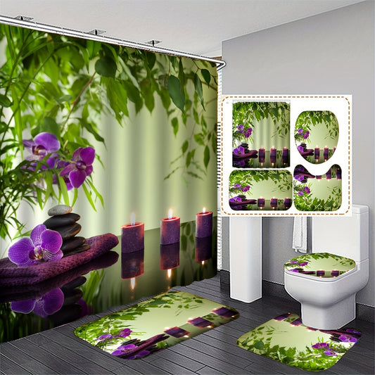 4pc Printed Bathroom Set Waterproof Shower Curtain & Rug