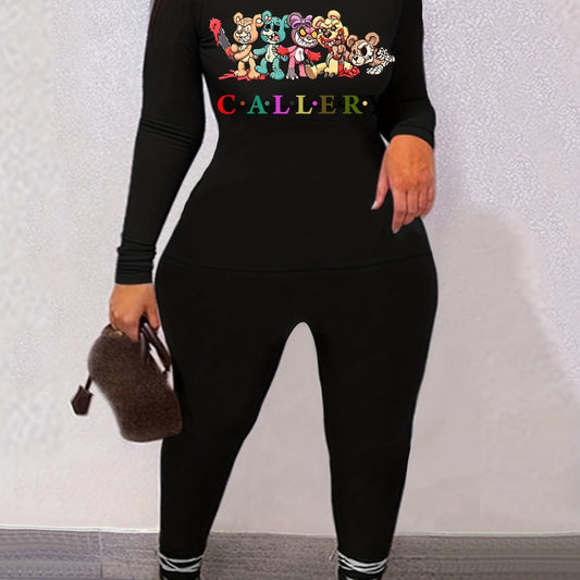 Graphic Print Long Sleeve Tee & Skinny Pants Set