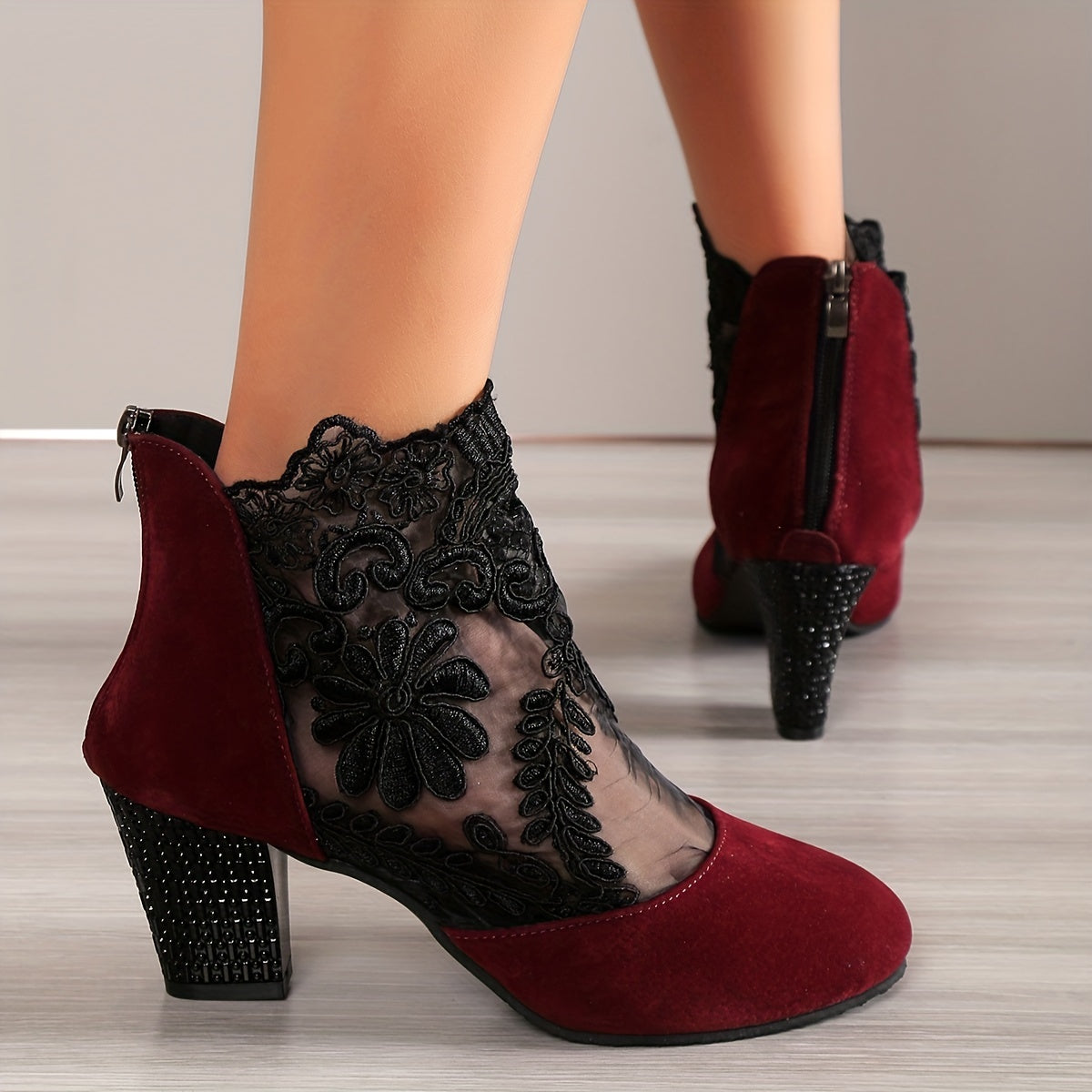 Women's Mesh Block Heel Boots Embroidered Back Zip Ankle Boots
