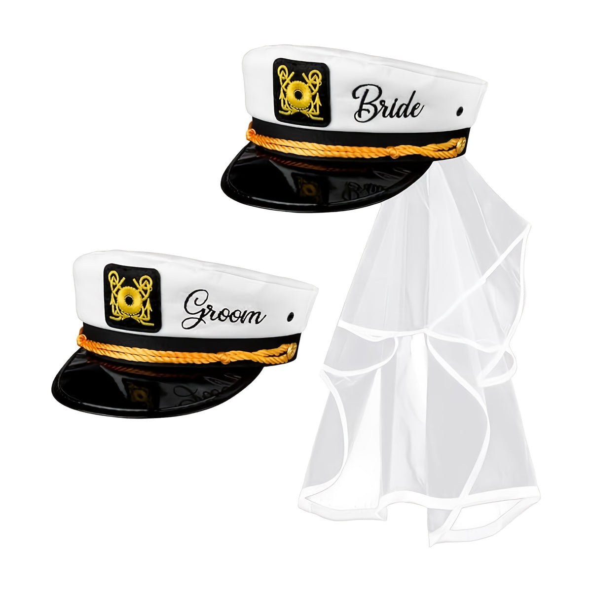 Bride & Groom Wedding Party Hat and Veil Set