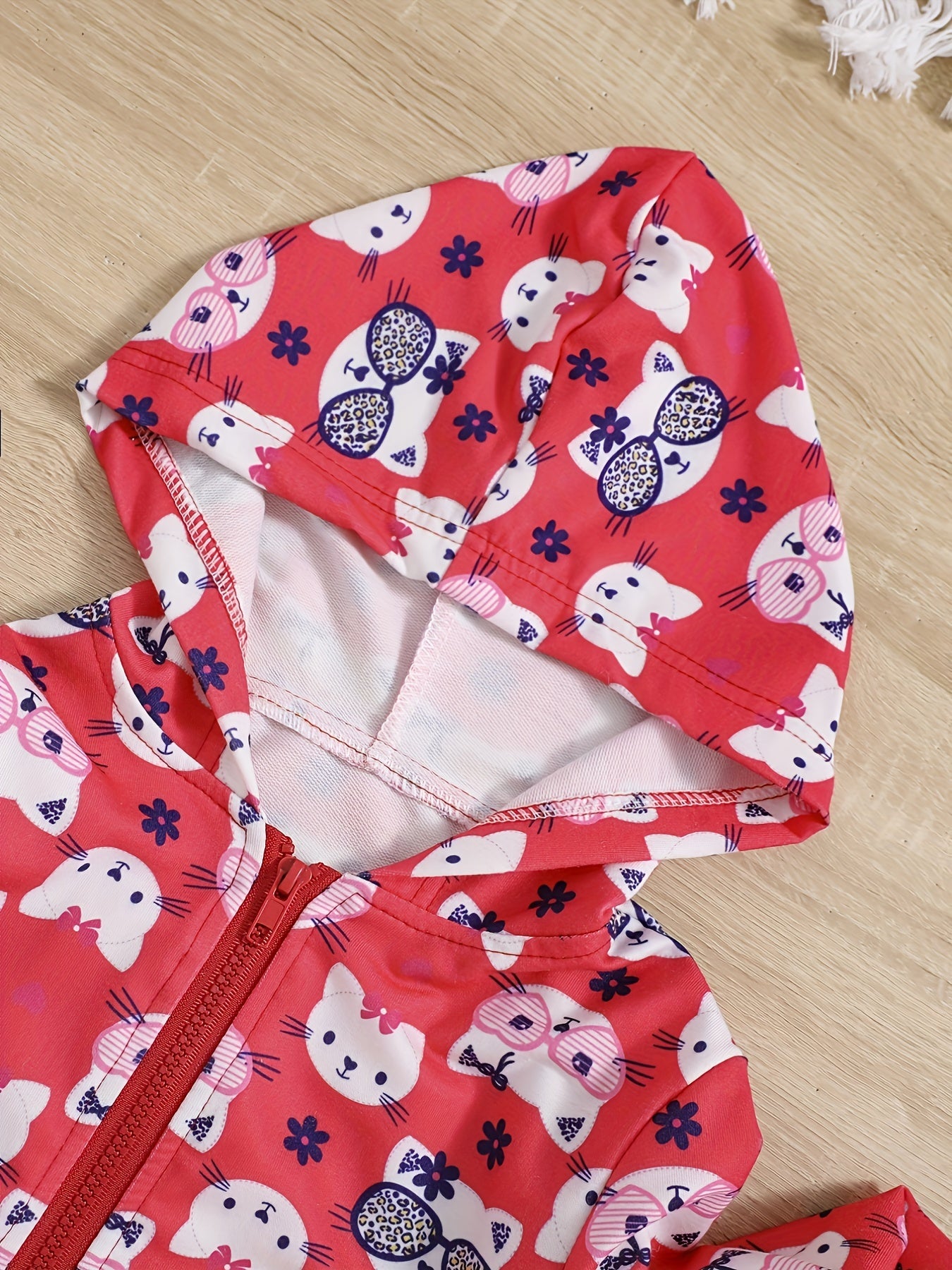 Girls Cartoon Kitten Print Hooded Windbreaker Jacket