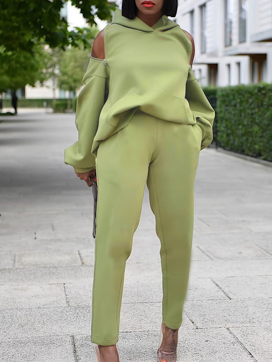  Zipper Back Solid Hoodie Sweatshirt & Sweatpants Set