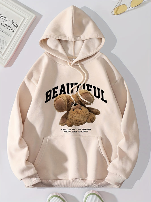 Bear & Letter Print Kangaroo Pocket Hoodie Long Sleeve Drawstring Hoodies