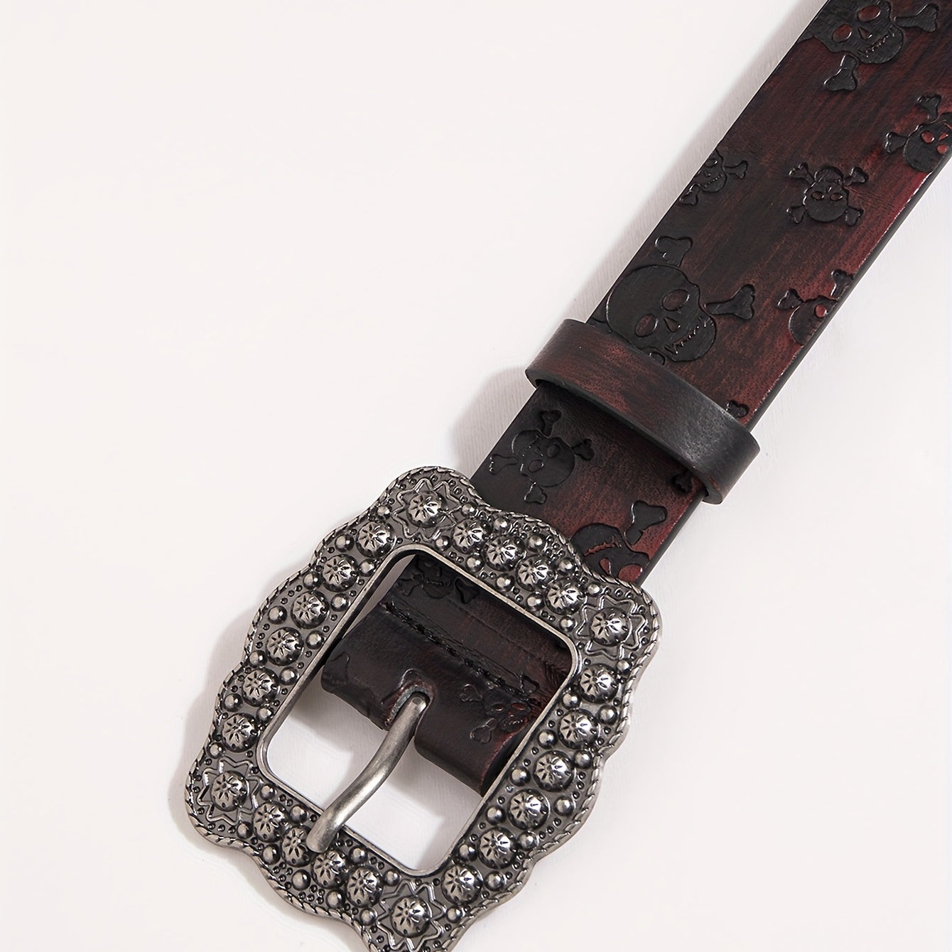 Vintage Carved Buckle Brown Belt Skull Pattern Embossed PU Leather Belt