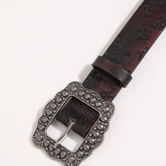 Vintage Carved Buckle Brown Belt Skull Pattern Embossed PU Leather Belt