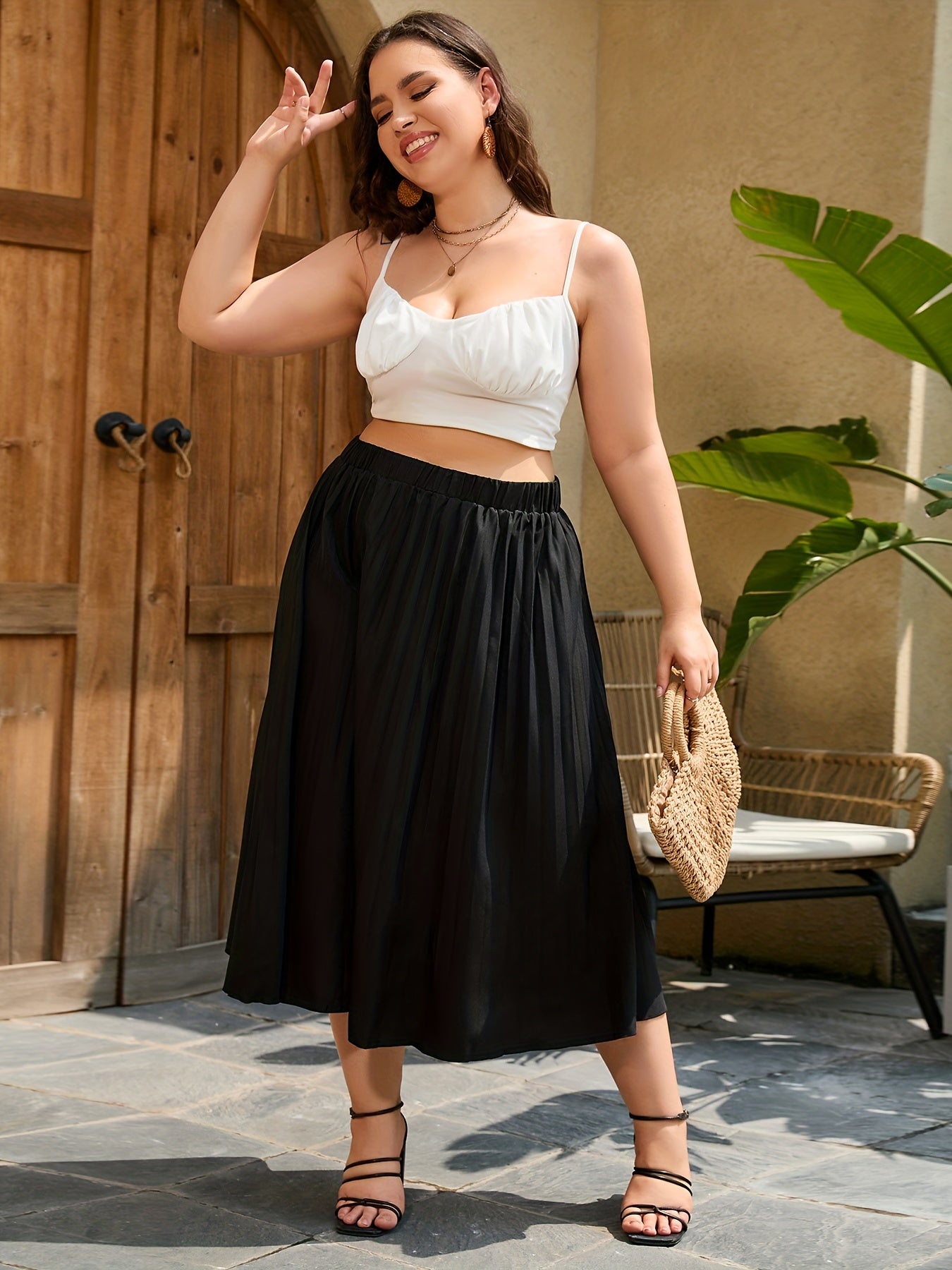  High Waisted Maxi Pleated Skirt Women's Plus Solid Slight Stretch Skir