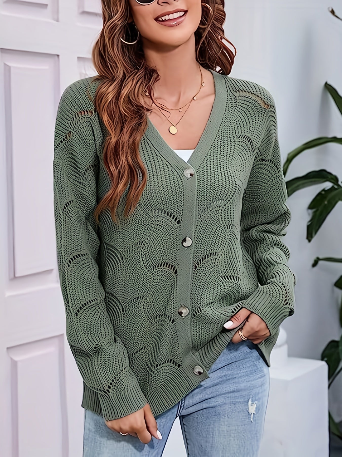 Hollow Button Front Knit Cardigan V Neck Sweater