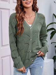 Hollow Button Front Knit Cardigan V Neck Sweater