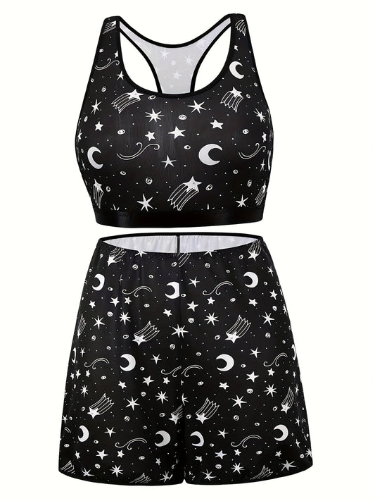  Moon & Star Print Racer Back Crop Top & Shorts Underwear Set