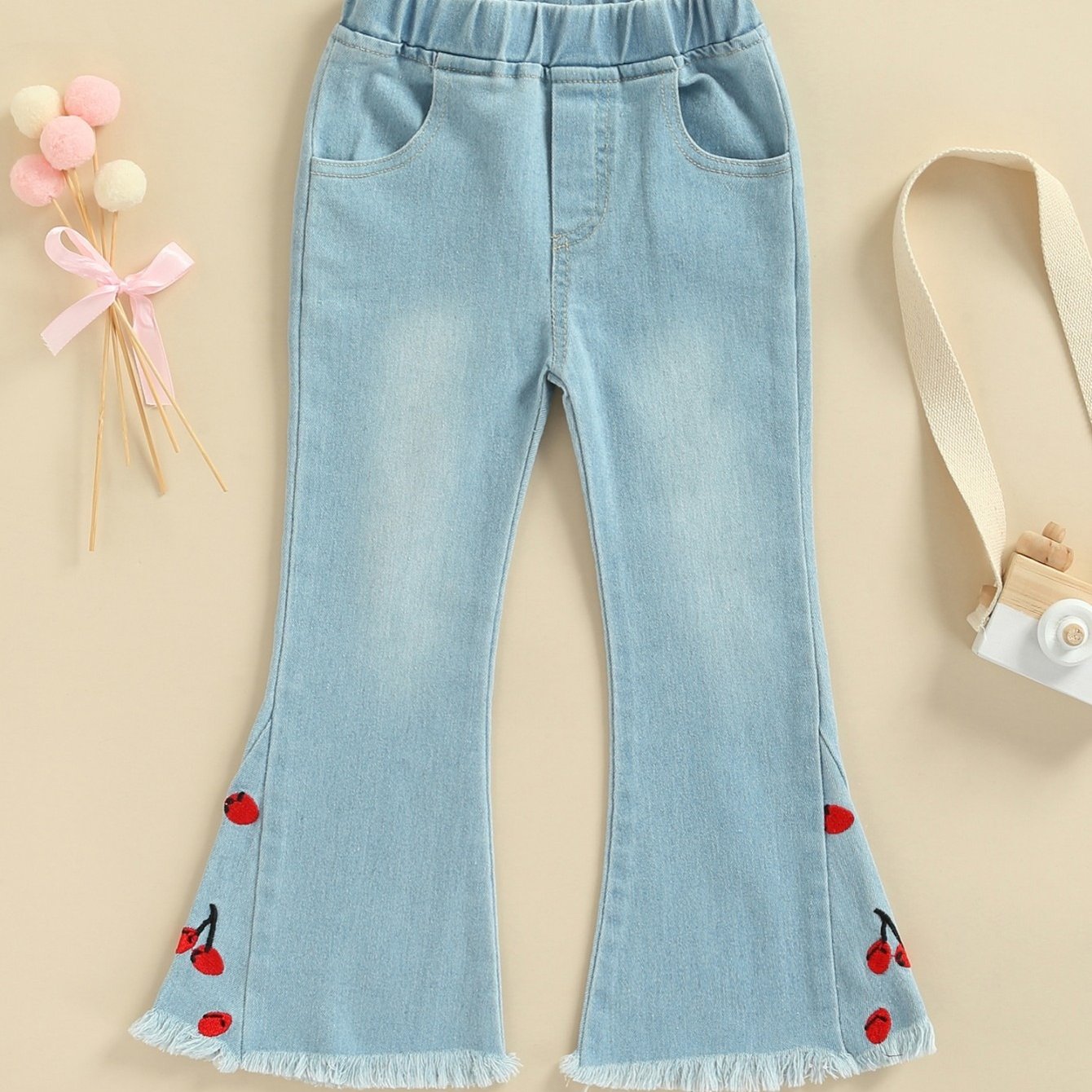 Girls Cherry Embroidered Denim Flare Jeans