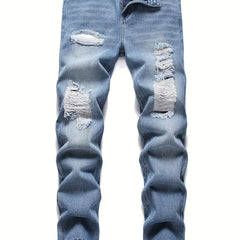Men's Distressed Denim Pants Straight Leg Ripped Cotton Jeans
