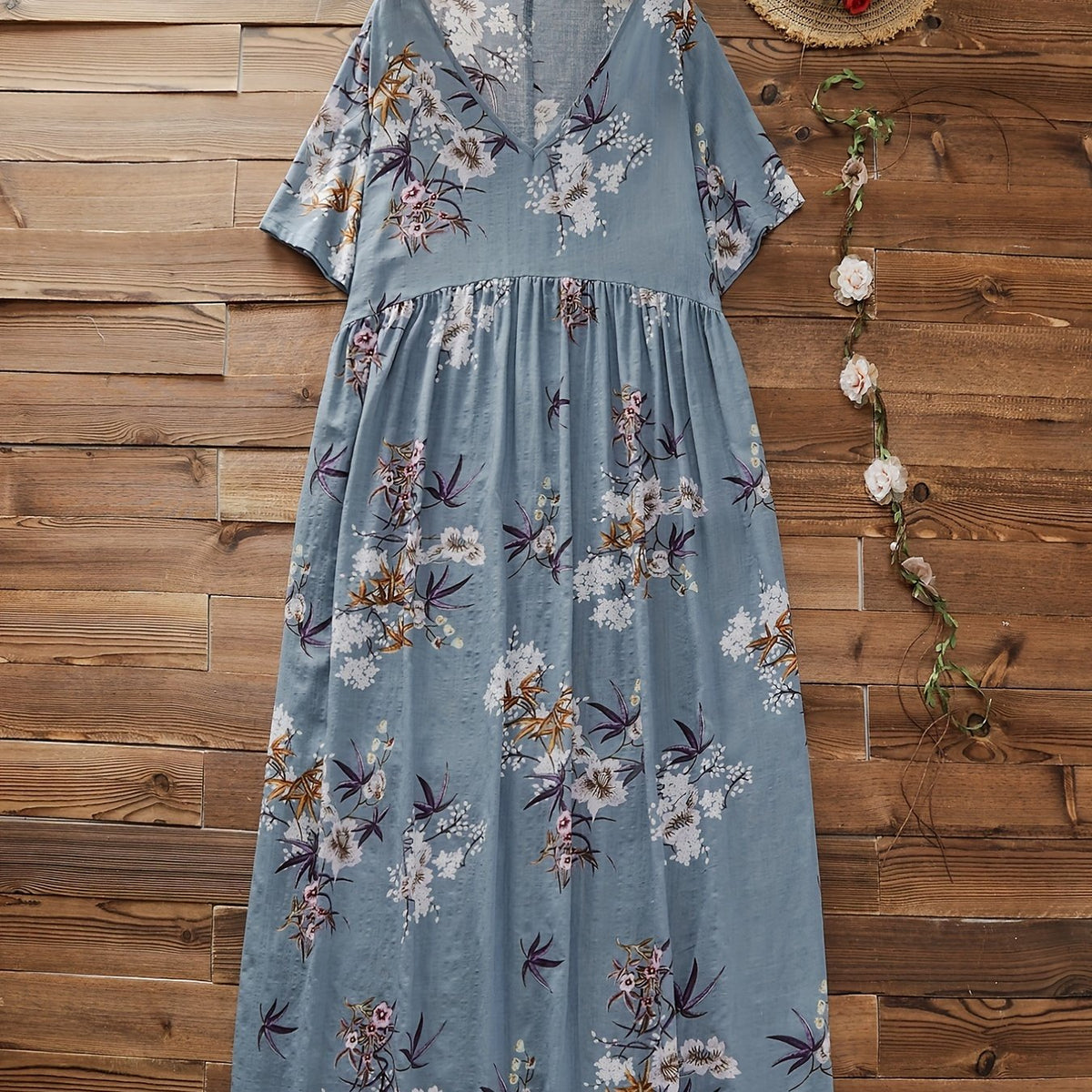  Floral Print Short Sleeve V Neck Loose Dress