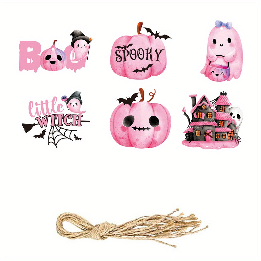 6 Pink Halloween Wooden Tree Ornaments Castle Ghost Pumpkin Wall Decor