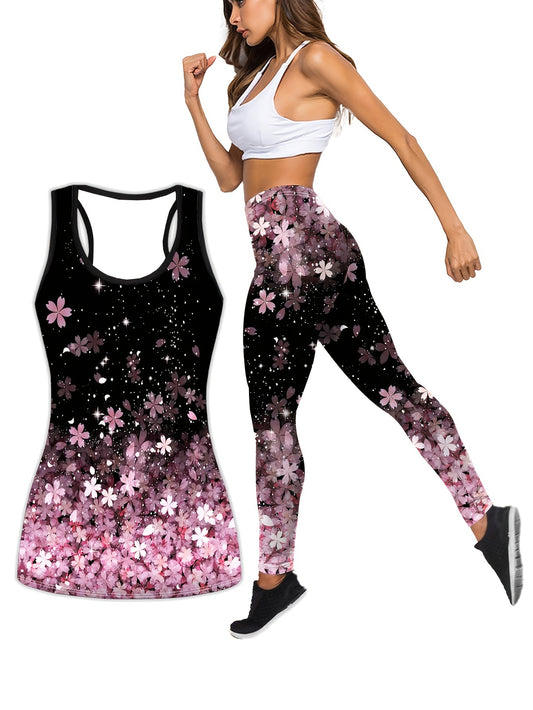  Sakura Print Tank Top & Leggings Yoga Outfit Set