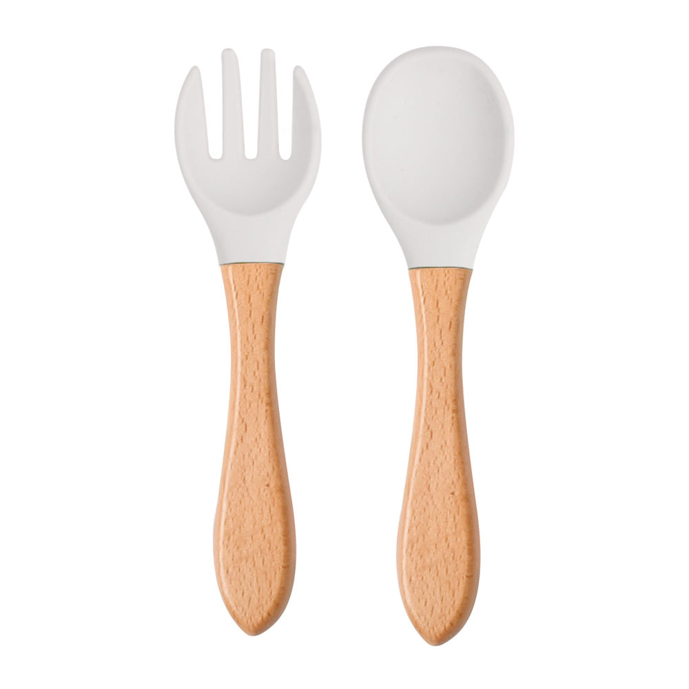 Silicone Spoon & Fork Set Mini Wooden Handle Utensils