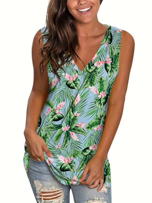  Boho Tank Top Women's Plus Tropical Print V Neck Slight Stretch