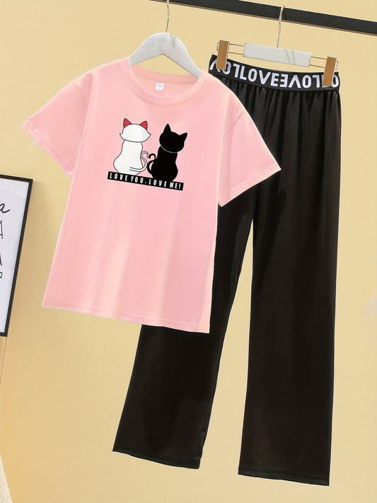 Girls Cat Graphic T Shirt & Wide Leg Pants Set Kids Spring Summer Clothes