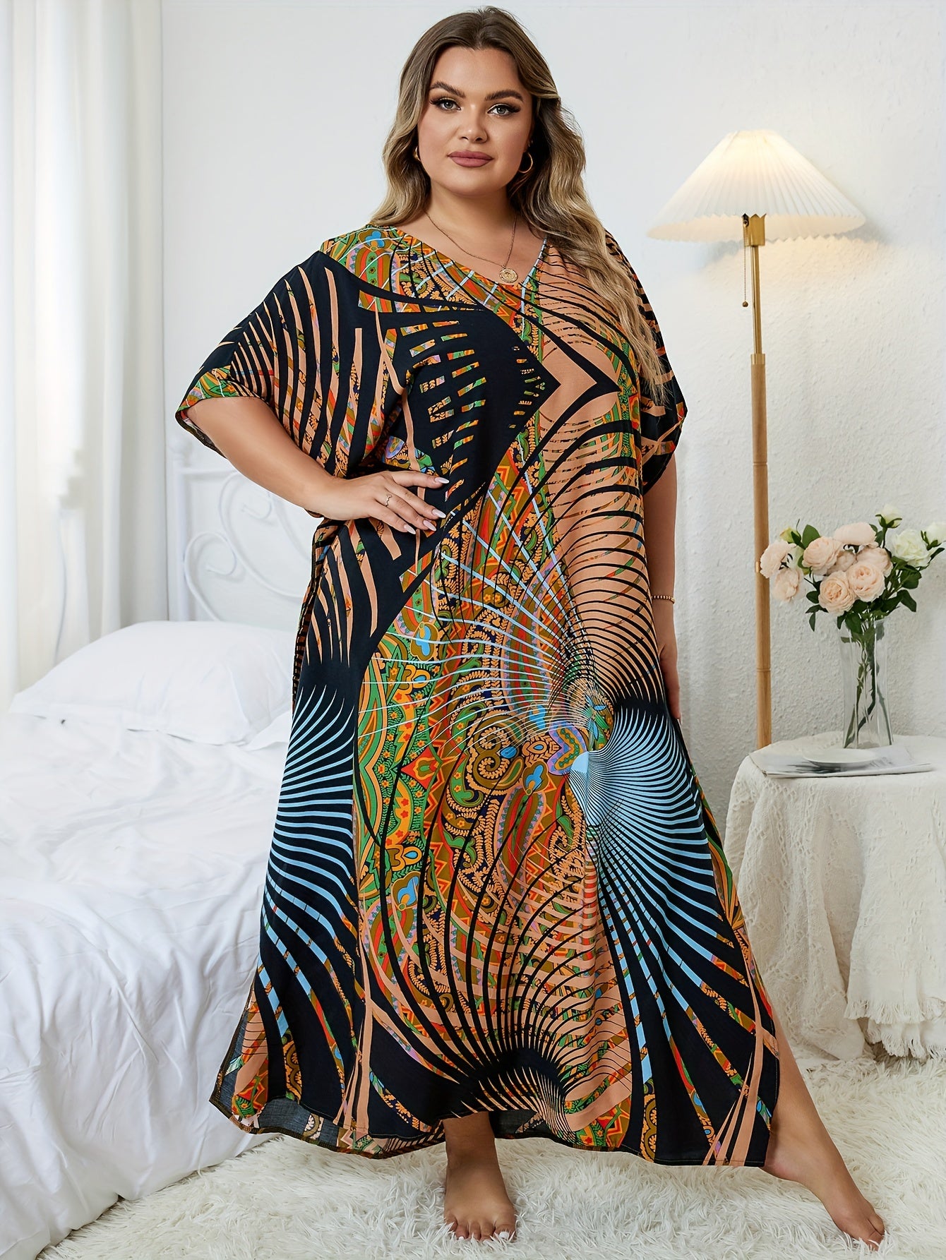Boho Plus Size Cover Up Graphic Print V Neck Maxi Beach Dress
