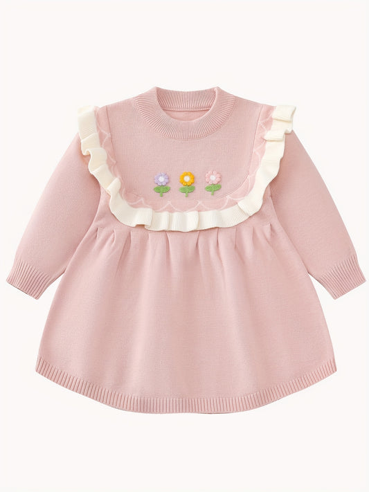Ruched Trim Flower Pattern Dress for Toddler Girls