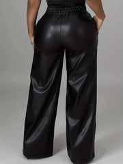 Women's Plus Faux Leather Elastic High Rise Wide Leg Pants