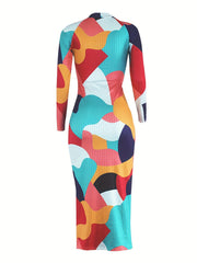  Ribbed Abstract Print Long Sleeve Cross Neck Keyhole Knit Dress