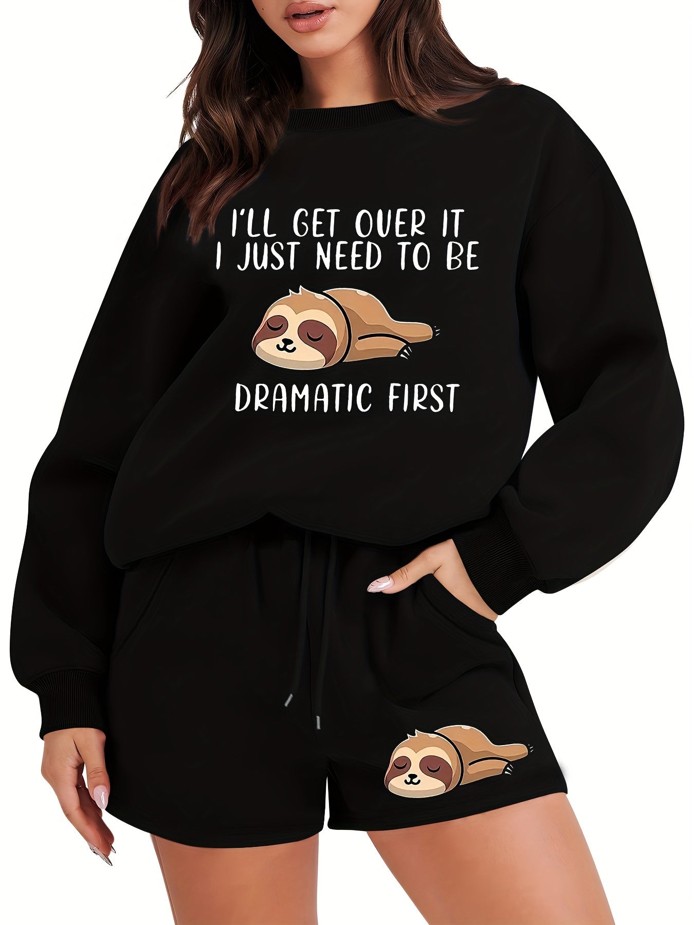 Plus Sloth Print Crew Neck Pullover & Shorts Set
