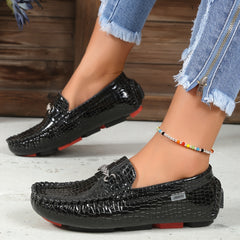 Women's Metallic Decor Loafers Slip On Low Round Toe Non-slip Patent Leather