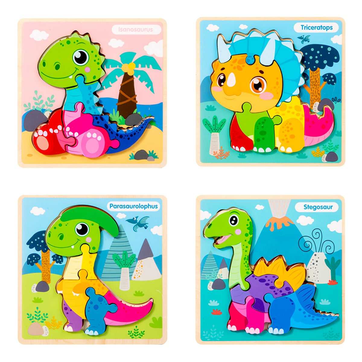 4pcs Wooden Dinosaur Puzzle Set with Matching Cards