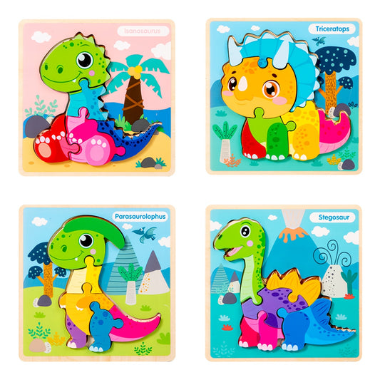 4pcs Wooden Dinosaur Puzzle Set with Matching Cards