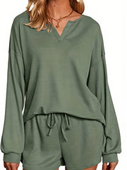 Solid Waffle Knit Two piece Set Long Sleeve V neck Top & Drawstring Shorts