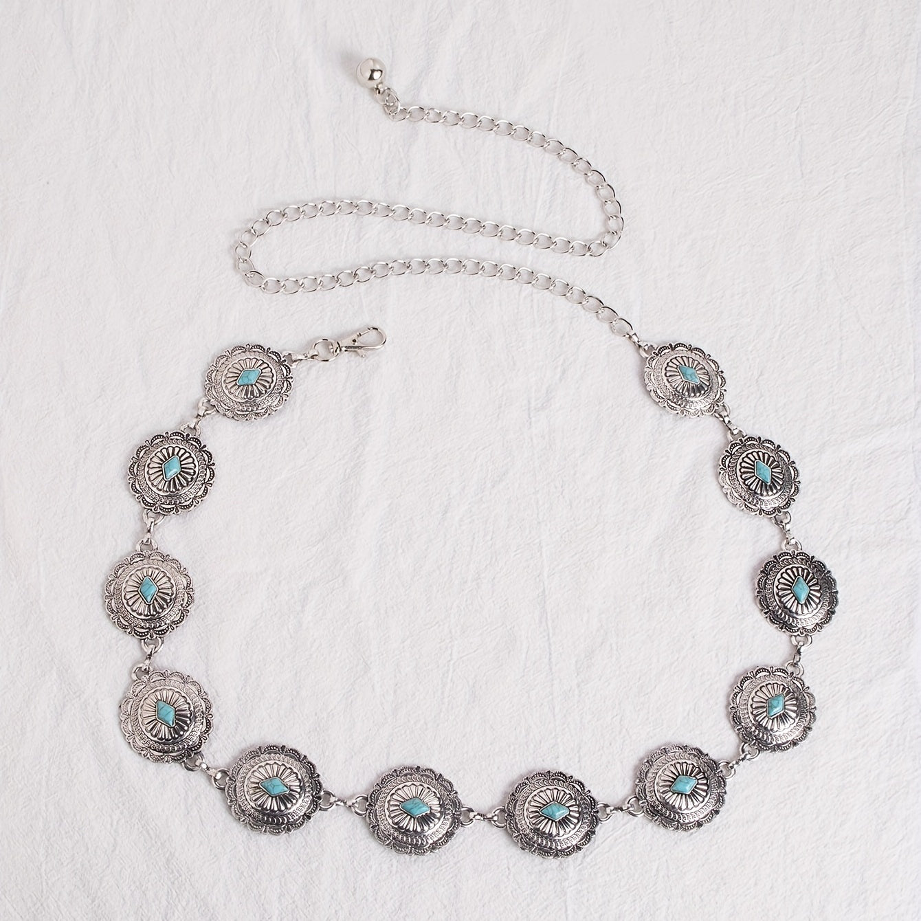 Turquoise Carved Silvery Waist Chain Geometric Flower Embossed Belly Chain 