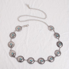 Turquoise Carved Silvery Waist Chain Geometric Flower Embossed Belly Chain 
