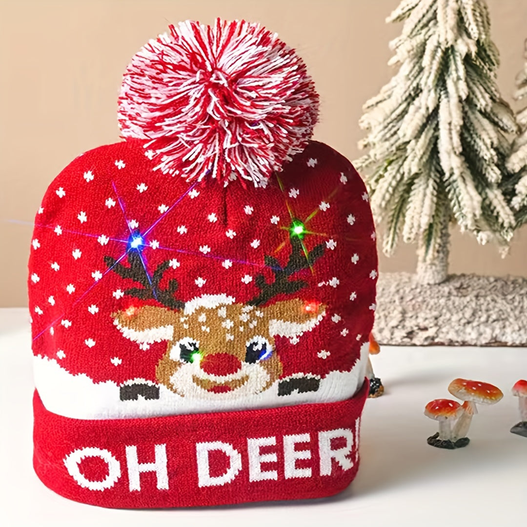 Christmas LED Lights Knitted Hat Soft & Warm Material Fine Pattern Hairball