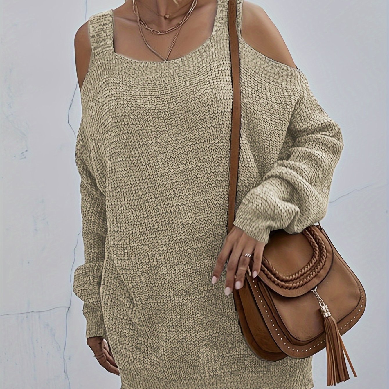  Solid Cold Shoulder Long Sleeve Sweater