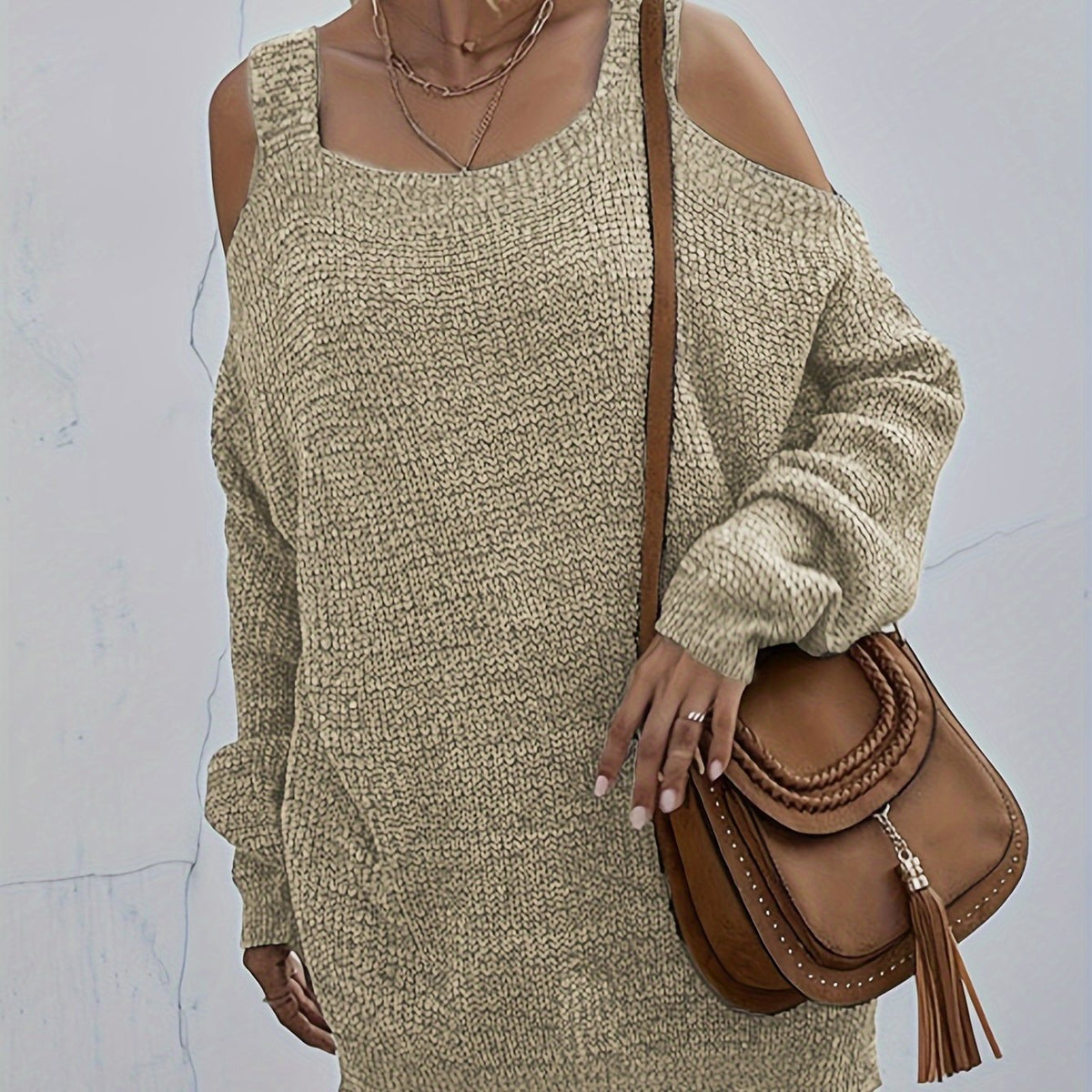  Solid Cold Shoulder Long Sleeve Sweater