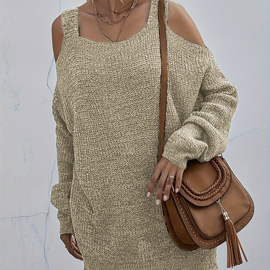  Solid Cold Shoulder Long Sleeve Sweater