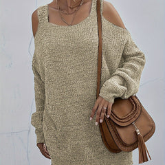  Solid Cold Shoulder Long Sleeve Sweater