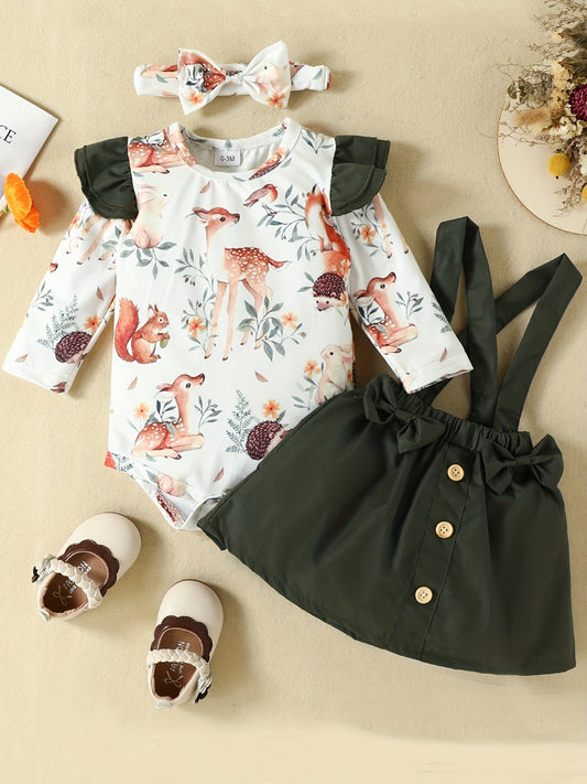 3PCS Baby Floral Print Romper & Suspender Dress Set