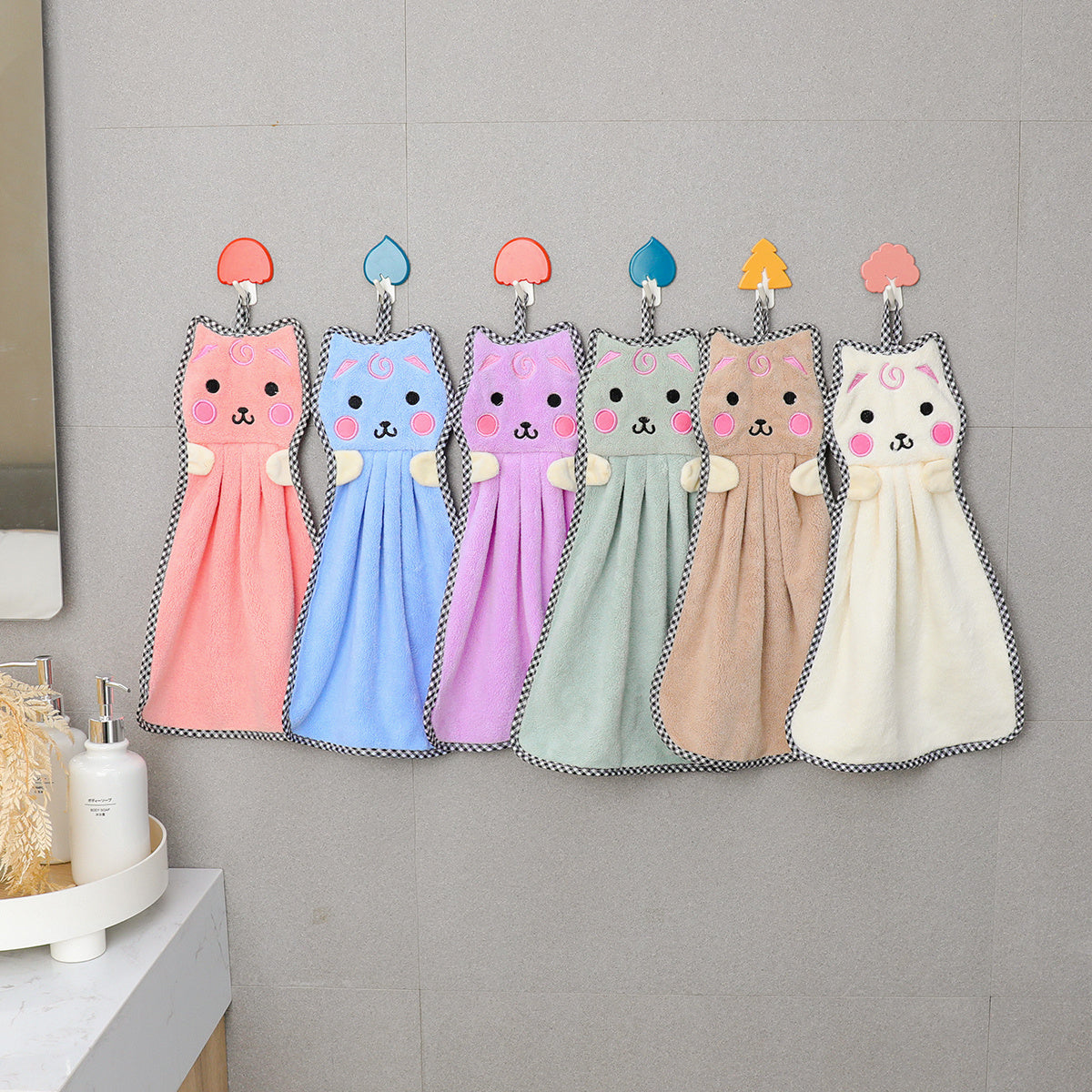 6pcs Cartoon Kitten Hand Towel Absorbent Soft Coral Velvet