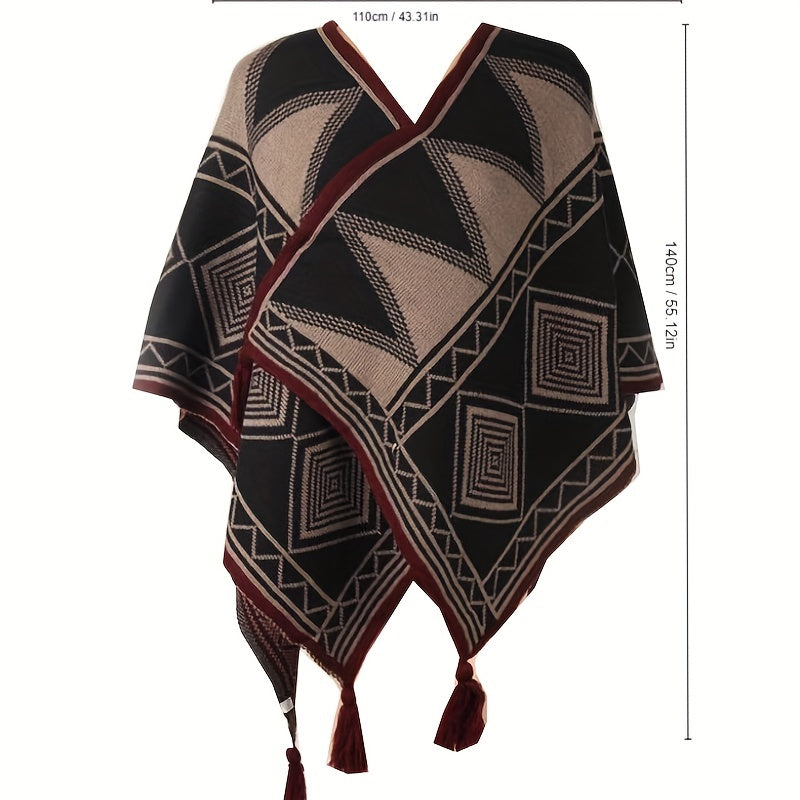 Geometric Pattern Shawl Large Warm Tassel Shawl Wrap