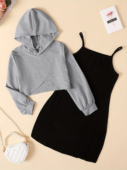 2pcs Girls Plain Hoodie & Cami Dress Set
