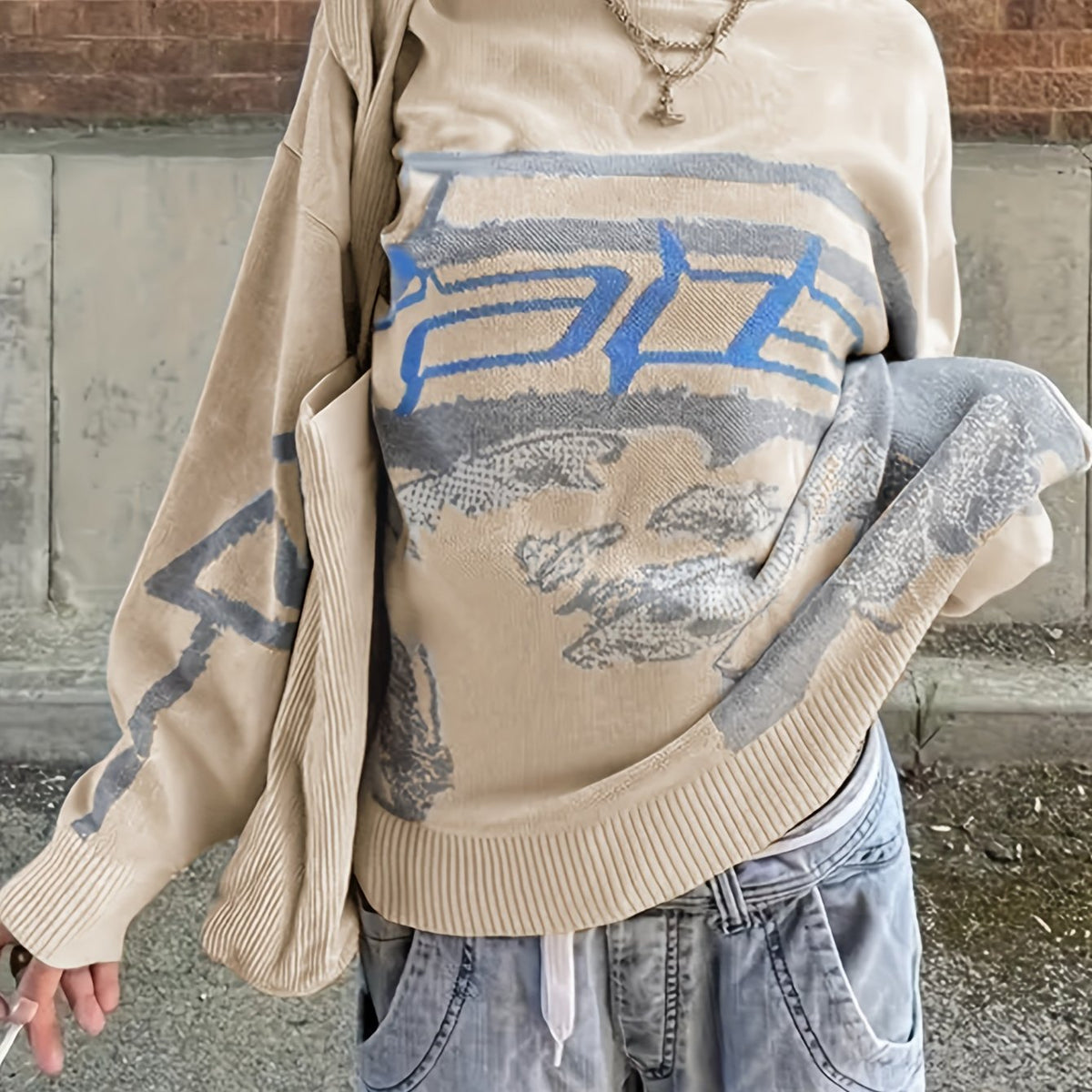  Y2K Sweater Women's Plus Graphic Print Knitted Long Sleeve