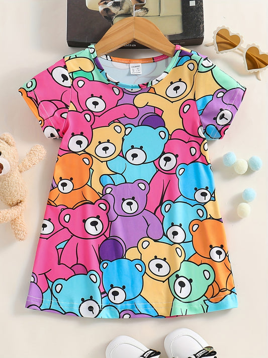 Kid Girls' Casual Dress Cartoon Bear Allover Print Short Sleeve T Shirt Dress