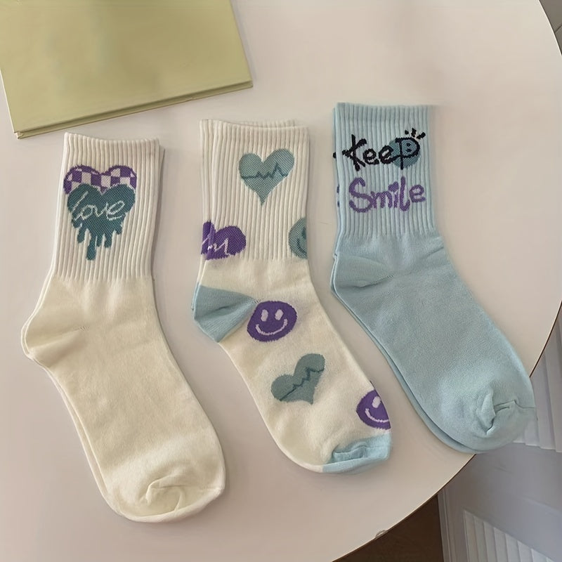 3 Pairs Heart & Letter Print Socks Women's Stockings