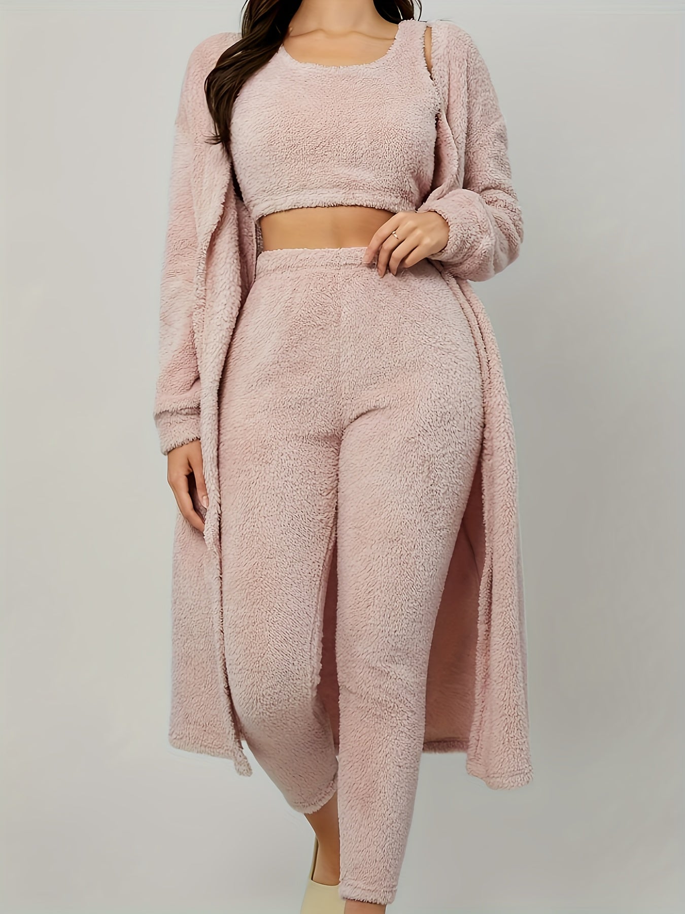  Fuzzy Fleece Tank Top & Pants & Robe Pajama Set