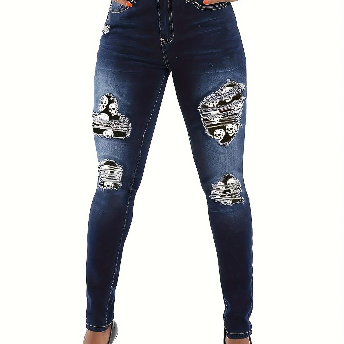 Women's Plus Size Skull Print Ripped Skinny Jeans
