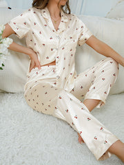 Cherry Print Pajama Set Short Sleeve Top & Pants
